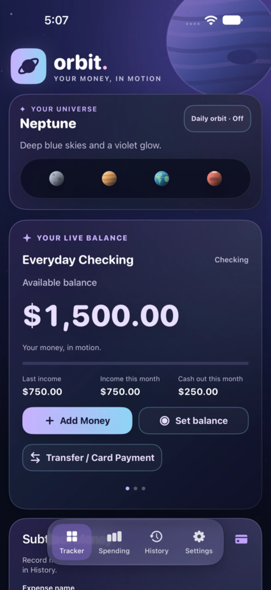 Actual Orbit iPhone dashboard with fictional checking balance and planetary theme selector